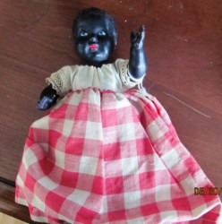 6 1/2'' BLACK CELLULOID JTD BABY GIRL DOLL,RED CHECK DRESS 1309